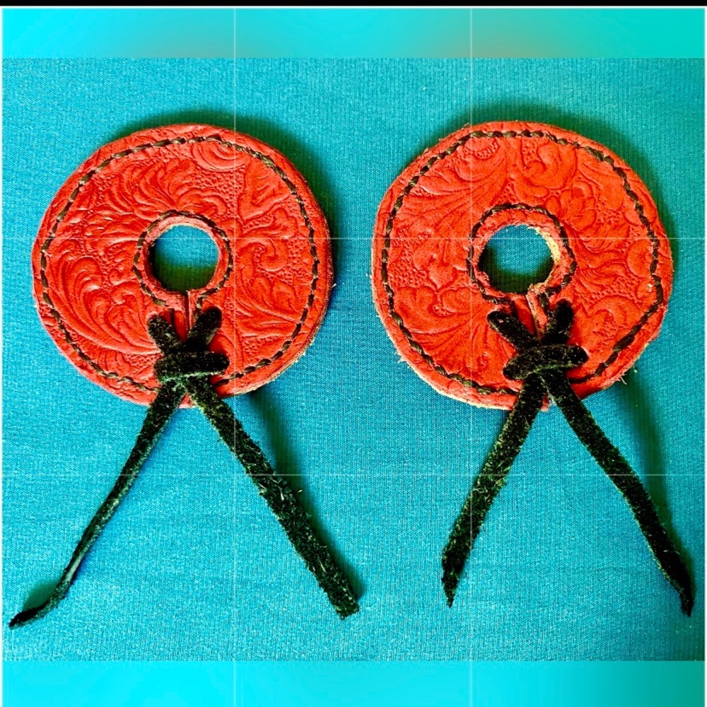 Genuine Leather Red Tooled Bit Guards w Black Leather Laces Handmade Horse Tack